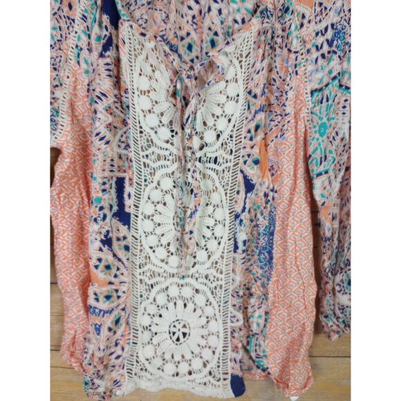 Lucy & Laurel Women Shirt Medium Orange Blue Bohemian Peasant Crochet Paisley - Picture 2 of 8